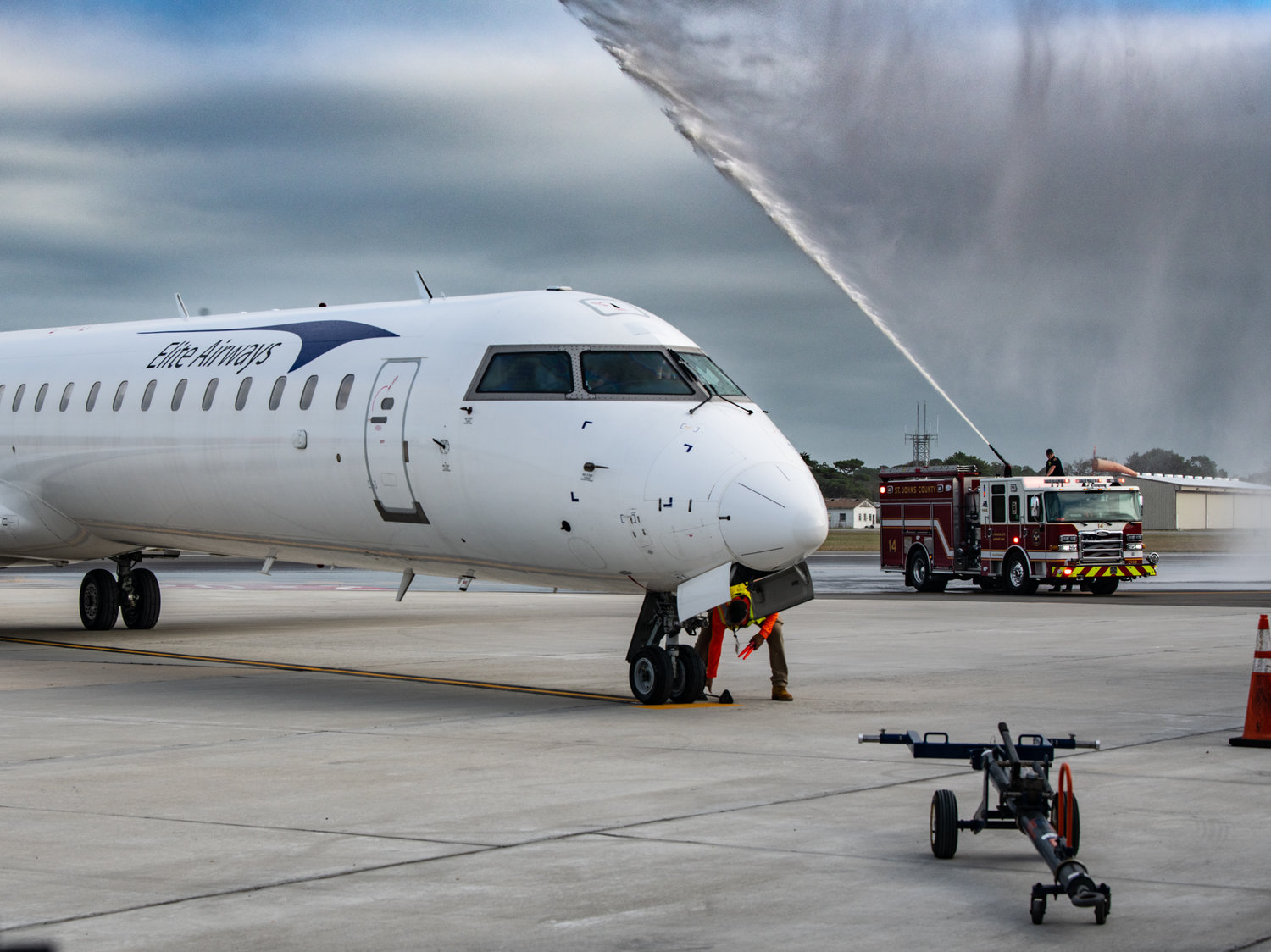The Northeast Florida Regional Airport welcomed the first incoming commercial flight in roughly two years with a water cannon salute.